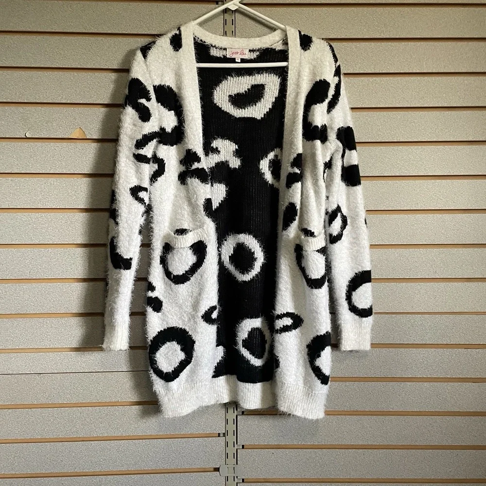 Jess Lea S Black White Cheetah Leopard Open Front Cardigan Pockets Feather Yarn - Picture 1 of 6